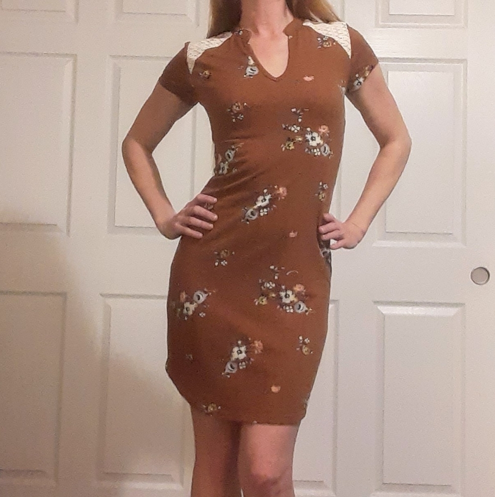 Little Brown Floral Dress w/ Lace Accent